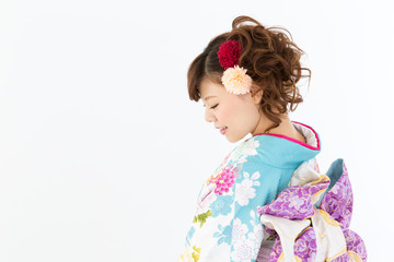 Beautiful asian kimono woman on white background