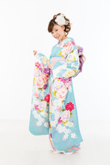 Beautiful asian kimono woman on white background