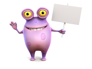 A pink spotted monster holding sign.