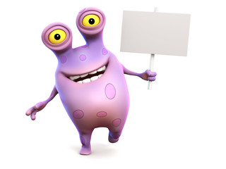 A pink spotted monster holding sign.