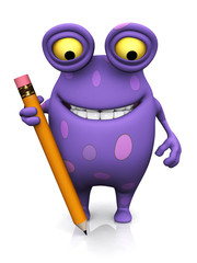 A spotted monster holding a large pencil. © Sarah Holmlund