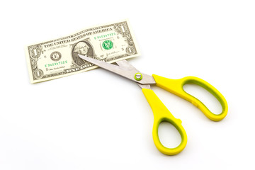 Scissors cutting dollar.