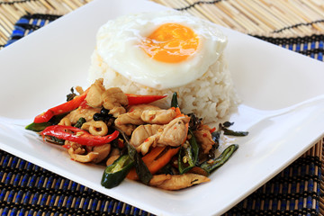 Stir Fried Chicken with Holy Basil and steamed rice (Krapao Gai)