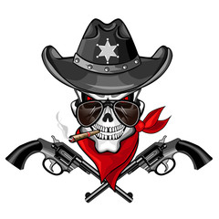 Skull wearing a hat with a pistol