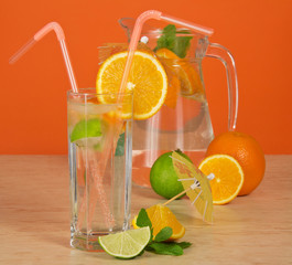 Jug, drink glass with straw