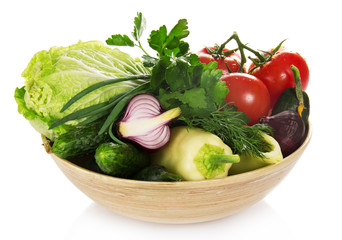 Different vegetables in a bamboo bowl