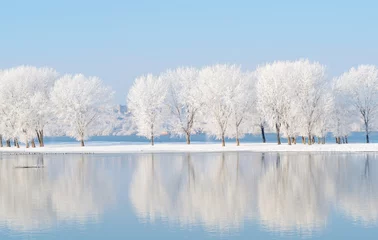 Vlies Fototapete Winter Winterlandschaft mit schöner Spiegelung im Wasser