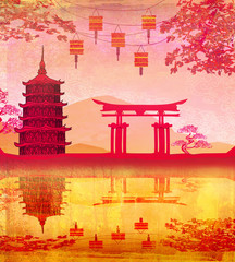 Chinese New Year card - Traditional lanterns and Asian buildings