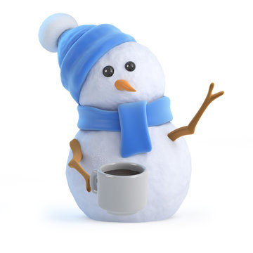 Snowman has a nice warm drink