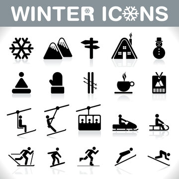 Winter Icons Set - Ski, Mountain, sports silhouettes, VECTOR Eps illustration Collection 