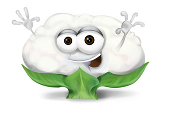 Happy cauliflower cartoon character, smiling and waving hands.