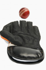 Close-up of a cricket ball and a wicket keeping glove