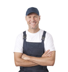 Portrait of smiling worker in blue uniform isolated on white bac