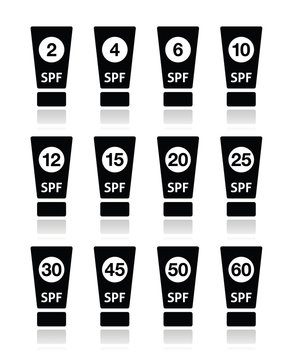 Sun cream, sunblock with factor or spv icons set