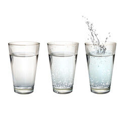 Set of realistic water glasses with different actions.