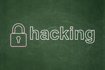 Fototapeta premium Safety concept: Closed Padlock and Hacking on chalkboard