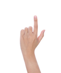 Female hand touching or pointing to something isolated on white