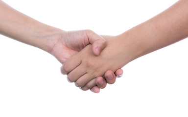 Shaking hands of two female people isolated on white background