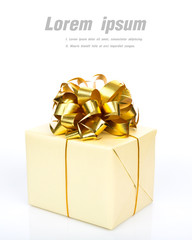 Gold gift box with ribbon on white background