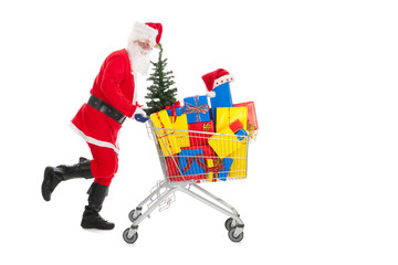 Santa Claus running with shopping cart