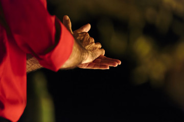 Close up of the clasped hands of a male flamenco dancer - obrazy, fototapety, plakaty