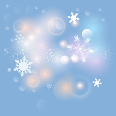 Fototapeta na wymiar New Year Abstract Bokeh Background & Snowflakes Vector