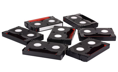 High angle view of video cassettes