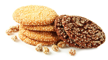 Homemade cookies with sesame seeds, isolated on white