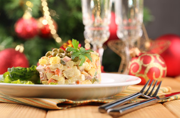 Russian traditional salad Olivier,