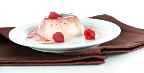 Panna Cotta with raspberry sauce, isolated on white