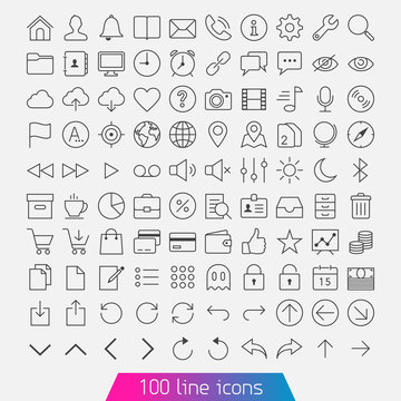 100 line icon set. Trendy thin and simple icons for Web and Mobi