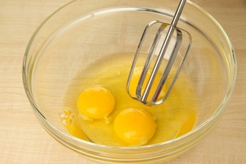 Cooking, whipping eggs with electric whisk in bowl, close up
