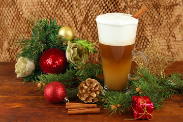 Cup of hot coffee with Christmas decorations