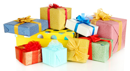 Pile of colorful gifts boxes isolated on white
