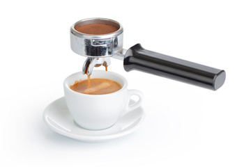 Espresso cup and filter holder on white background
