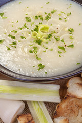 domestic leek soup with parsley and toasted bread