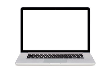 Front view of a modern laptop with a white screen and an English