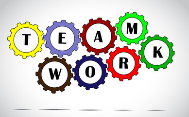 team work text with colorful gears concept vector illustration