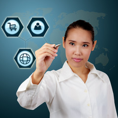 Businesswoman showing succes of communication on virtual screen.