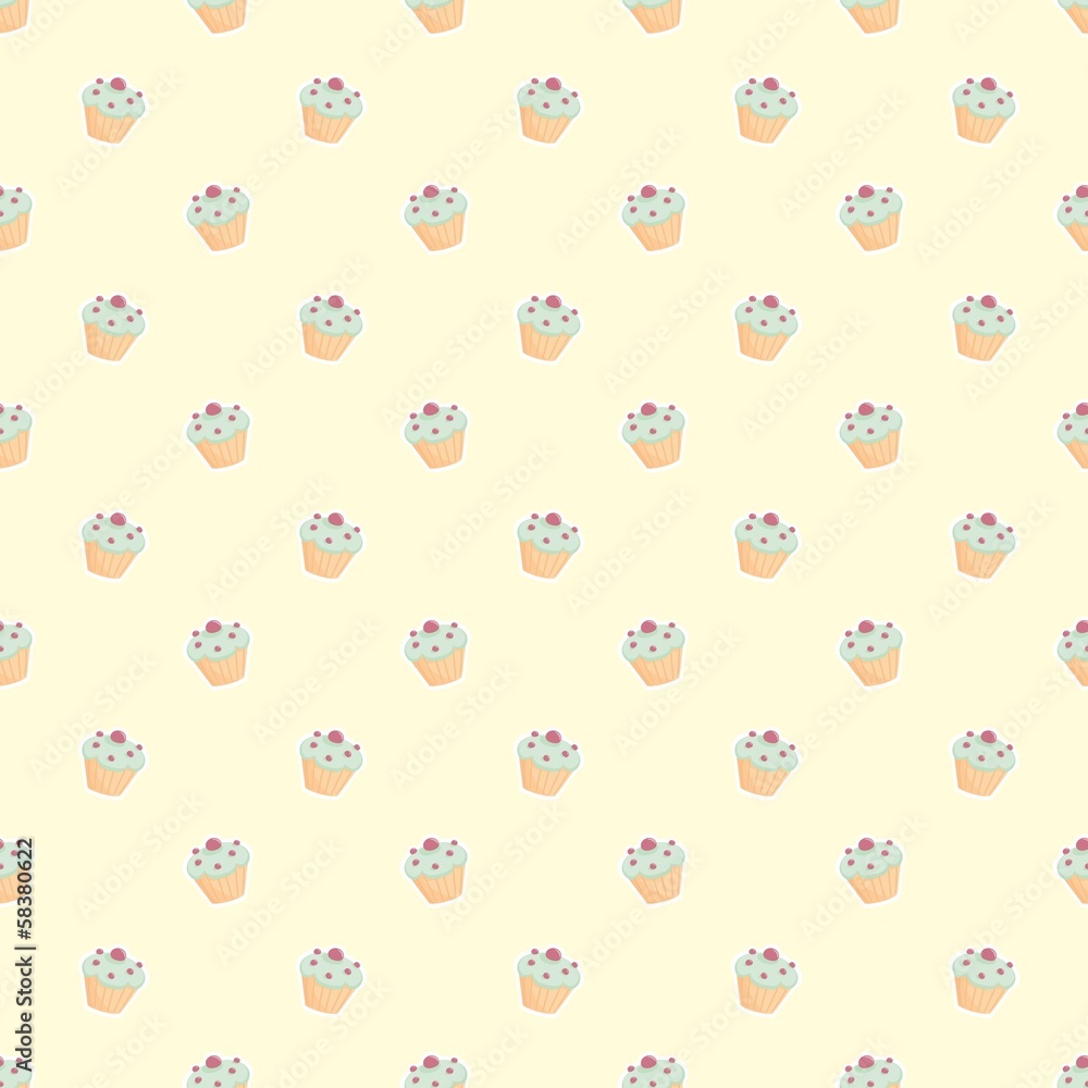 Poster seamless vector pattern with cupcakes on yellow background