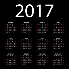 Calendar for 2017 on black background. Vector EPS10.