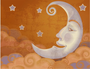 Retro style half moon, clouds and stars illustration