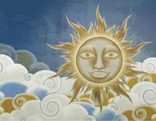 Retro style sun and clouds illustration