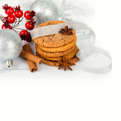 Christmas balls with cookies isolated on white