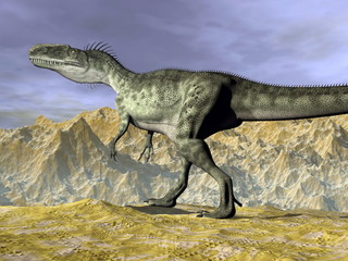 Monolophosaurus dinosaur in the desert - 3D render