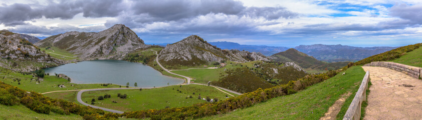 Panoramic of the Enol lake from La Picota hill in Asturias