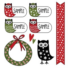 Cute set of gift tags, labels, stickers with owl, vector