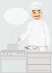 smiling chef cooks soup