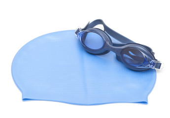 goggles and cap for swimming on a white background