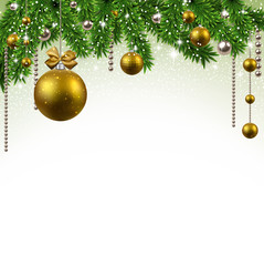 Christmas background with fir branches and balls.